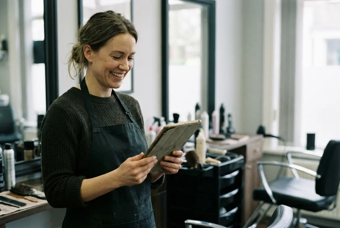 A salon owner smiling as she checks a tablet at her styling station.