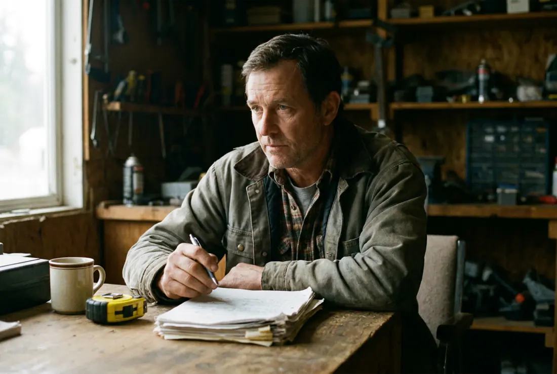 A contractor at a workbench reviewing paperwork with a pen.