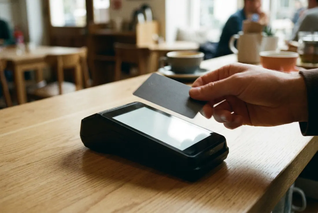 A customer tapping a card on a countertop payment terminal.