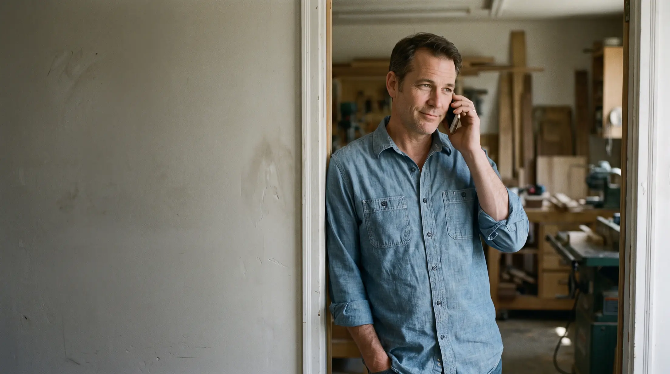 A workshop owner standing in his doorway, listening on the phone.