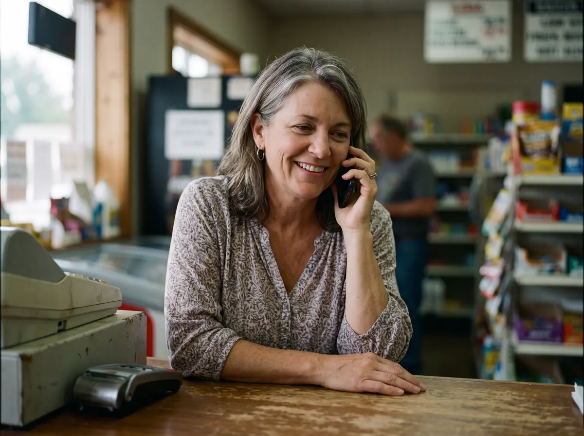 A store owner leaning on her counter, smiling while talking on the phone.