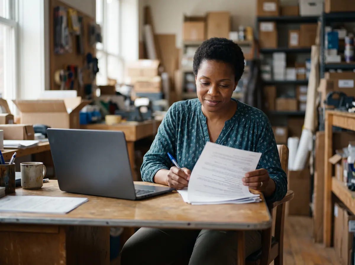 A shop owner at her back-office desk, reviewing printed paperwork.